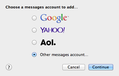 Mac Messages Choose Account Type dialog
