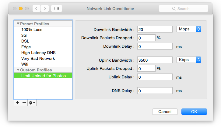 Network Link Conditioner Settings